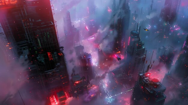 Aerial view of a futuristic cityscape with neon lights and towering skyscrapers shrouded in fog creating a moody cyberpunk atmosphere