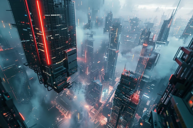 Aerial view of a futuristic cityscape with towering skyscrapers neon lights and foggy atmosphere creating a cyberpunk vibe