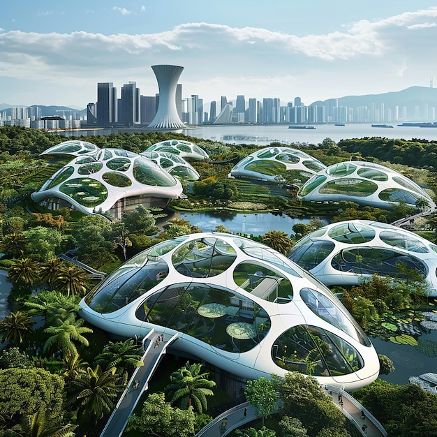 Aerial view of the futuristic roof design for enormous dome buildings with an organic shape inspire