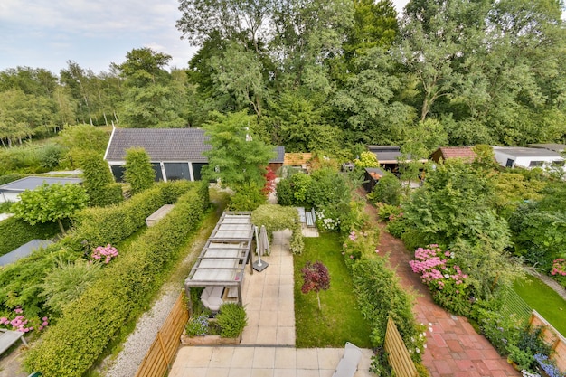 A aerial view of a garden with tables and benches