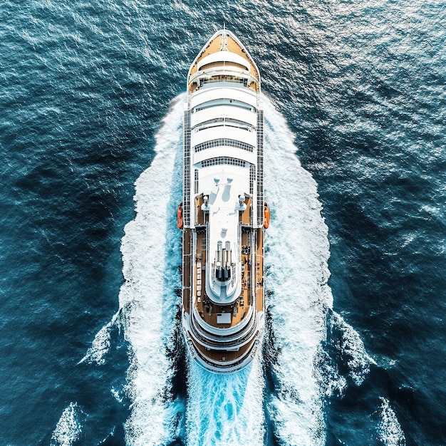 Aerial view of a generic cruise ship traveling with speed over blue ocean with copy space