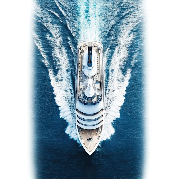 Aerial view of a generic cruise ship traveling with speed over blue ocean with copy space