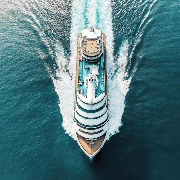 Aerial view of a generic cruise ship traveling with speed over blue ocean with copy space