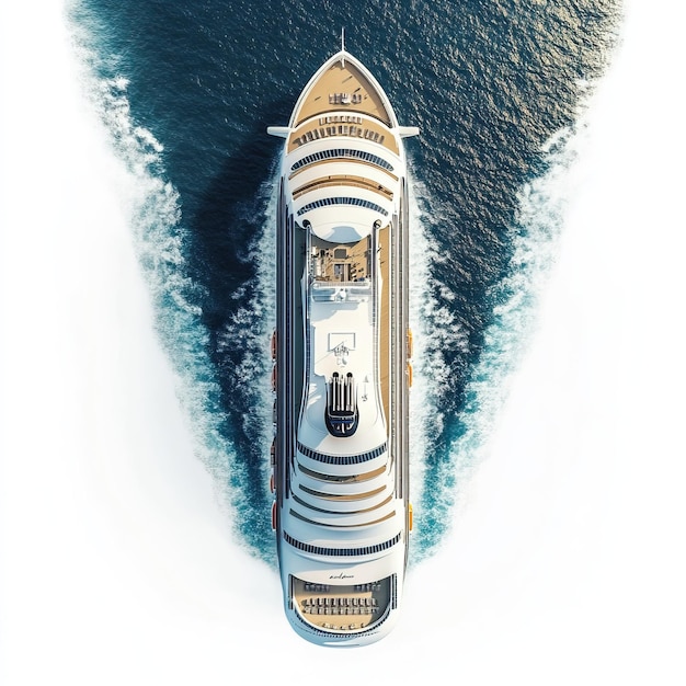 Aerial view of a generic cruise ship traveling with speed over blue ocean with copy space