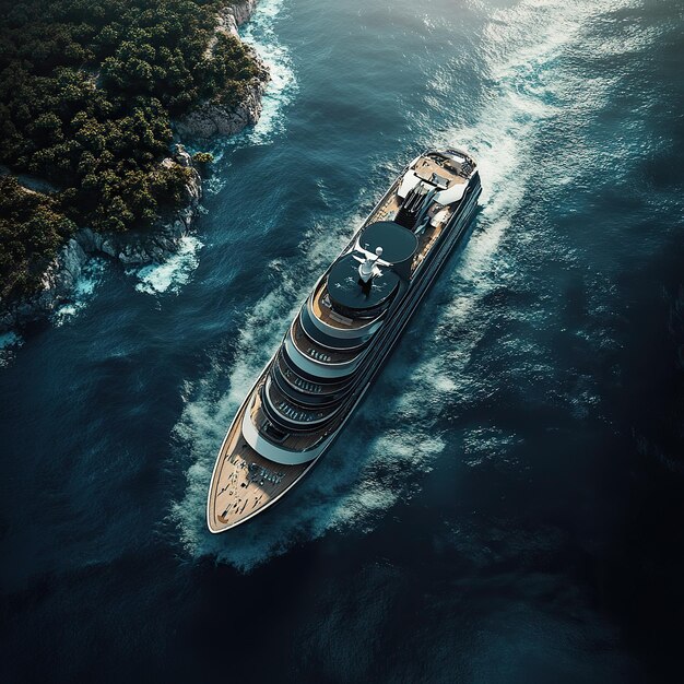 Photo aerial view of a generic cruise ship traveling with speed over blue ocean with copy space