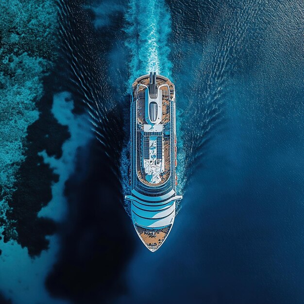 Aerial view of a generic cruise ship traveling with speed over blue ocean with copy space