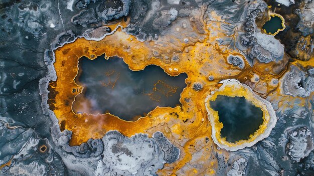 Aerial view of a geothermal hot spring with vibrant yellow and blue hues