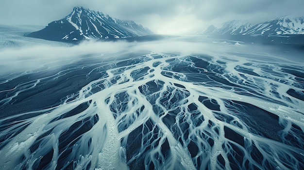 Aerial View of Glacial River Patterns in Icelandic Highlands with SnowCapped Mountains and Misty Atmosphere