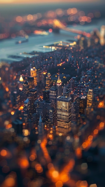 Aerial View of Glowing City Skyline at Twilight