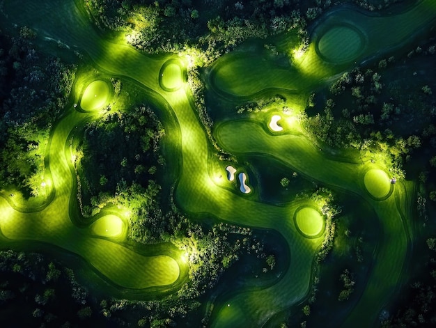 Photo aerial view of a golf course at night