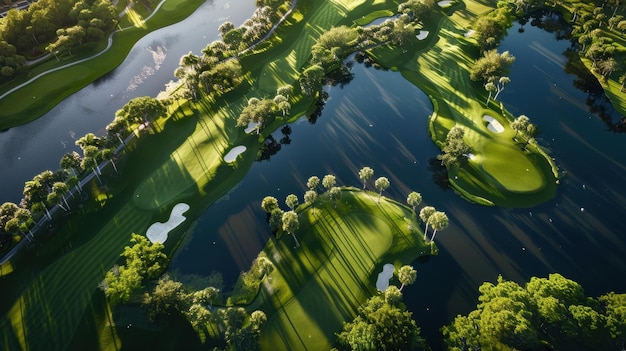 Photo an aerial view of a golf course showcasing the layout of fairways greens and water hazards