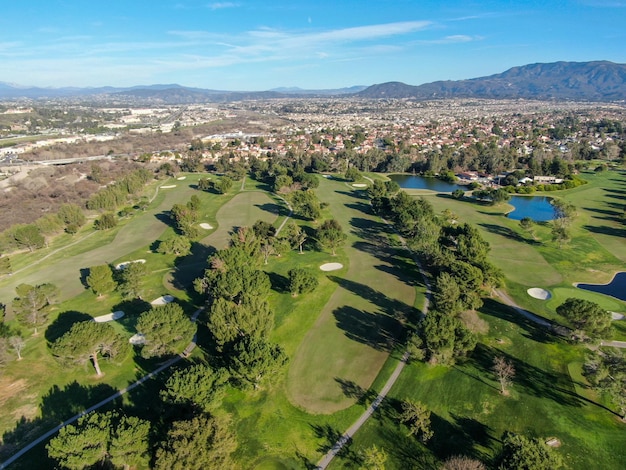 Aerial view of golf course with green field in the valley Green turf scenery Temecula California