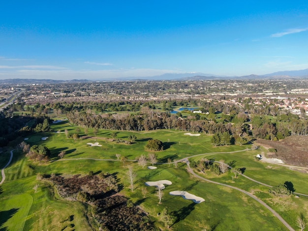 Aerial view of golf course with green field in the valley Green turf scenery Temecula California