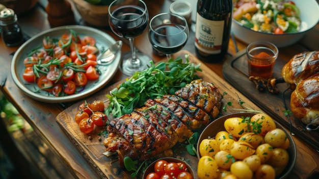 Photo aerial view of a gourmet meal on a rustic wooden table