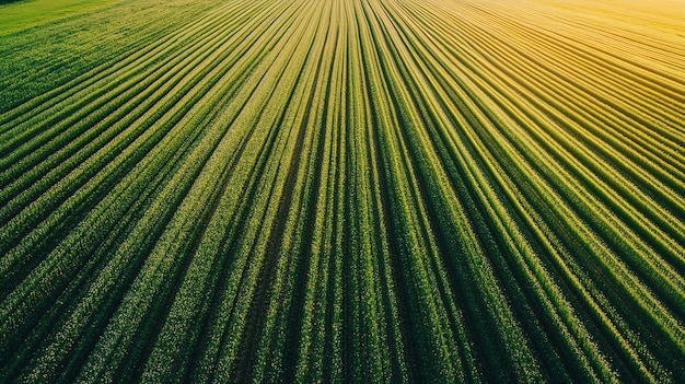 Photo aerial view of green agricultural field with rows of crops