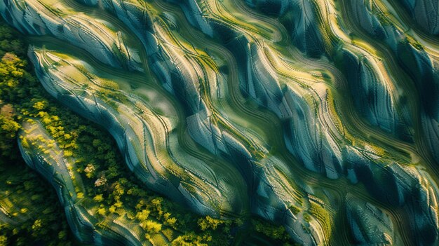 Aerial view of green and blue patterned hills