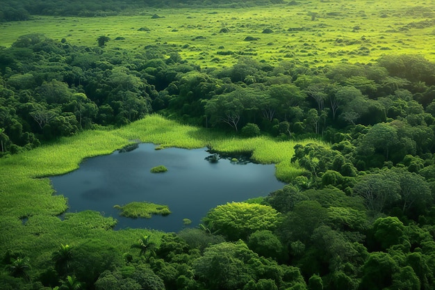 Aerial view of green forest and lake Nature landscape background