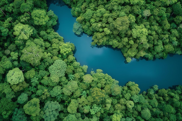 Aerial view of green forest and lake Nature landscape background