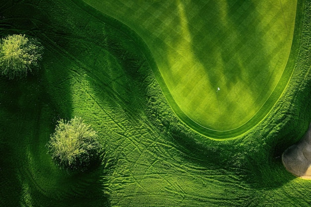 Photo aerial view of the green grass of the golf course top view