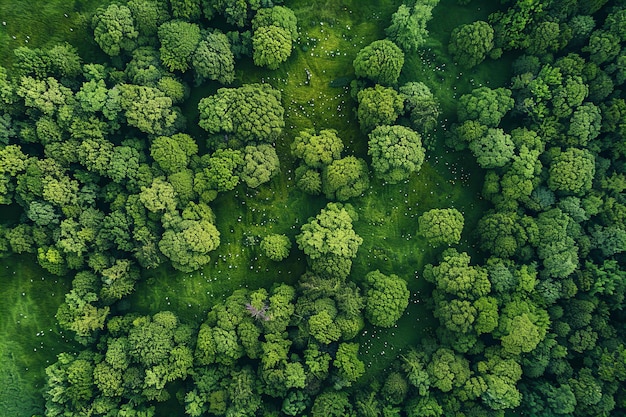 Aerial view of green grass and trees in spring drone shot aerial view of lush forest with dense fo