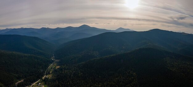 Aerial view of green pine forest with dark spruce trees covering mountain hills at sunset Nothern woodland scenery from above