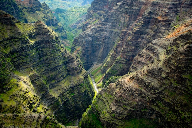 Aerial view of a green valley in Kauai Hawaii