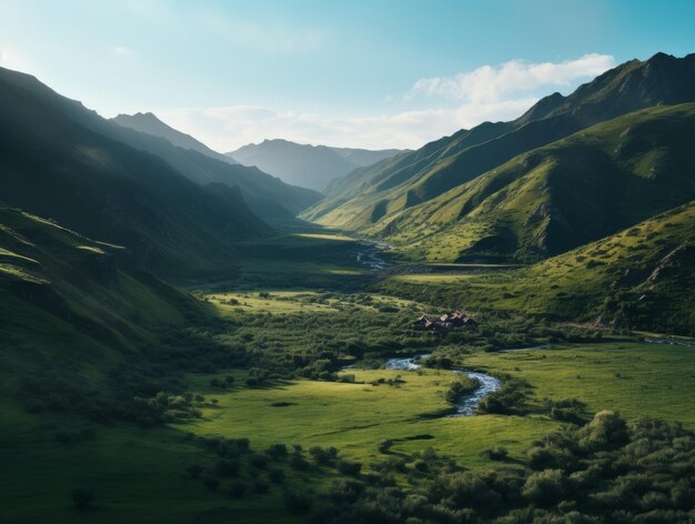 an aerial view of a green valley with mountains in the background