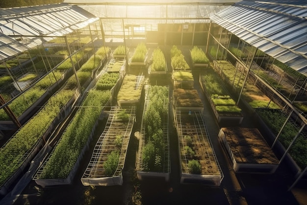 Aerial view of greenhouse filled with rows of plants