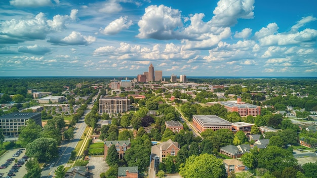 Photo aerial view of greensboro city under blue cloudy sky on sunny summer day cityscape features mix of