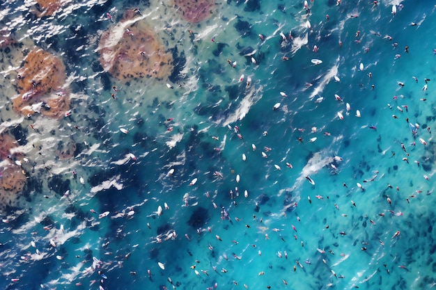 Aerial view of a group of fish swimming in the sea