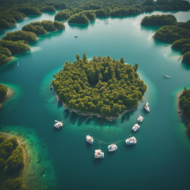 An aerial view of a group of islands in the water