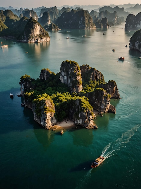 Aerial view of ha long bay unique limestone rock islands in vietnam