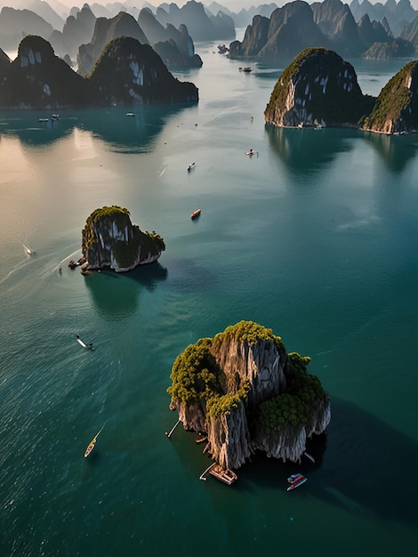 Aerial view of ha long bay unique limestone rock islands in vietnam