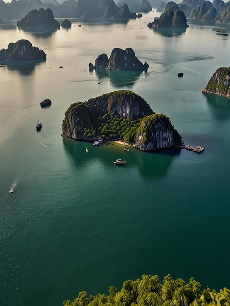 Aerial view of ha long bay unique limestone rock islands in vietnam