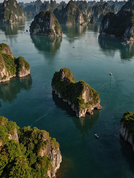 Photo aerial view of ha long bay unique limestone rock islands in vietnam