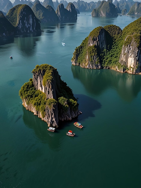 Aerial view of ha long bay unique limestone rock islands in vietnam