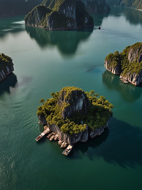 Aerial view of ha long bay unique limestone rock islands in vietnam