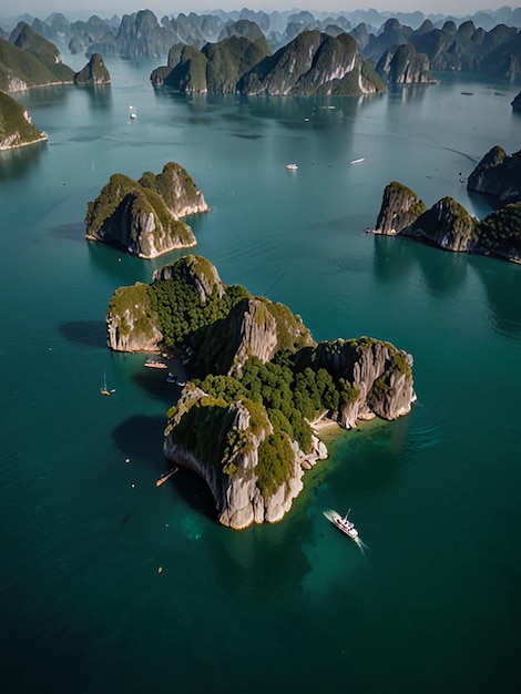 Aerial view of ha long bay unique limestone rock islands in vietnam