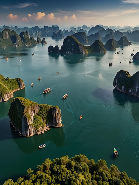 Aerial view of ha long bay unique limestone rock islands in vietnam