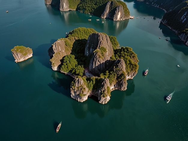 Aerial view of ha long bay unique limestone rock islands in vietnam