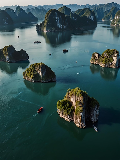 Aerial view of ha long bay unique limestone rock islands in vietnam