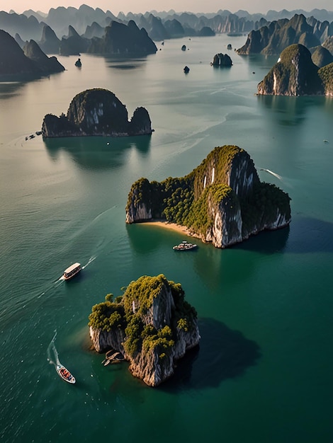 Aerial view of ha long bay unique limestone rock islands in vietnam