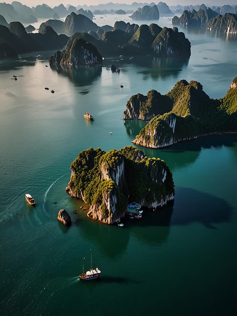 Aerial view of ha long bay unique limestone rock islands in vietnam