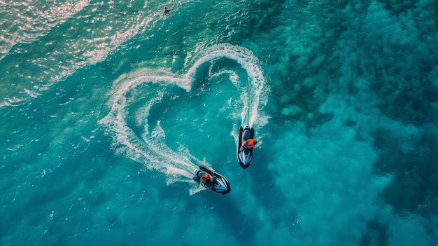 Aerial view on heartshaped trace on turquoise sea from jet ski Boats doing a heart in the open sea