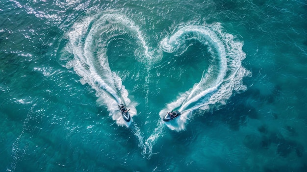 Aerial view on heartshaped trace on turquoise sea from jet ski Boats doing a heart in the open sea