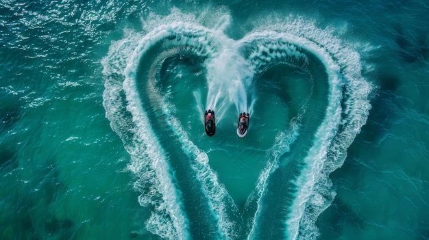 Aerial view on heartshaped trace on turquoise sea from jet ski Boats doing a heart in the open sea