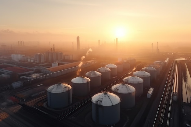 Aerial view of a heavy industry in the future captured during a beautiful sunset Generative AI