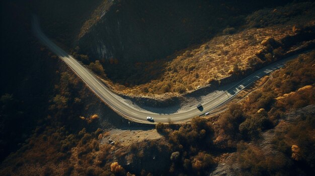 Photo aerial view of heavy truck on a narrow twisting road