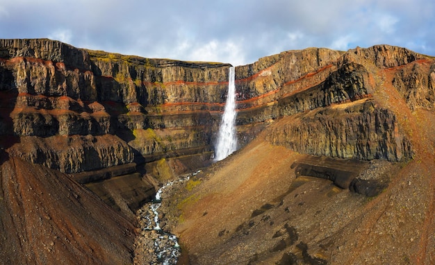 Aerial view of the Hengifoss waterfall in East Iceland