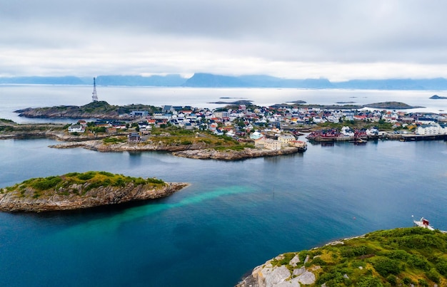 Aerial view of Henningsvaer fishing village on Lofoten islands in Norway